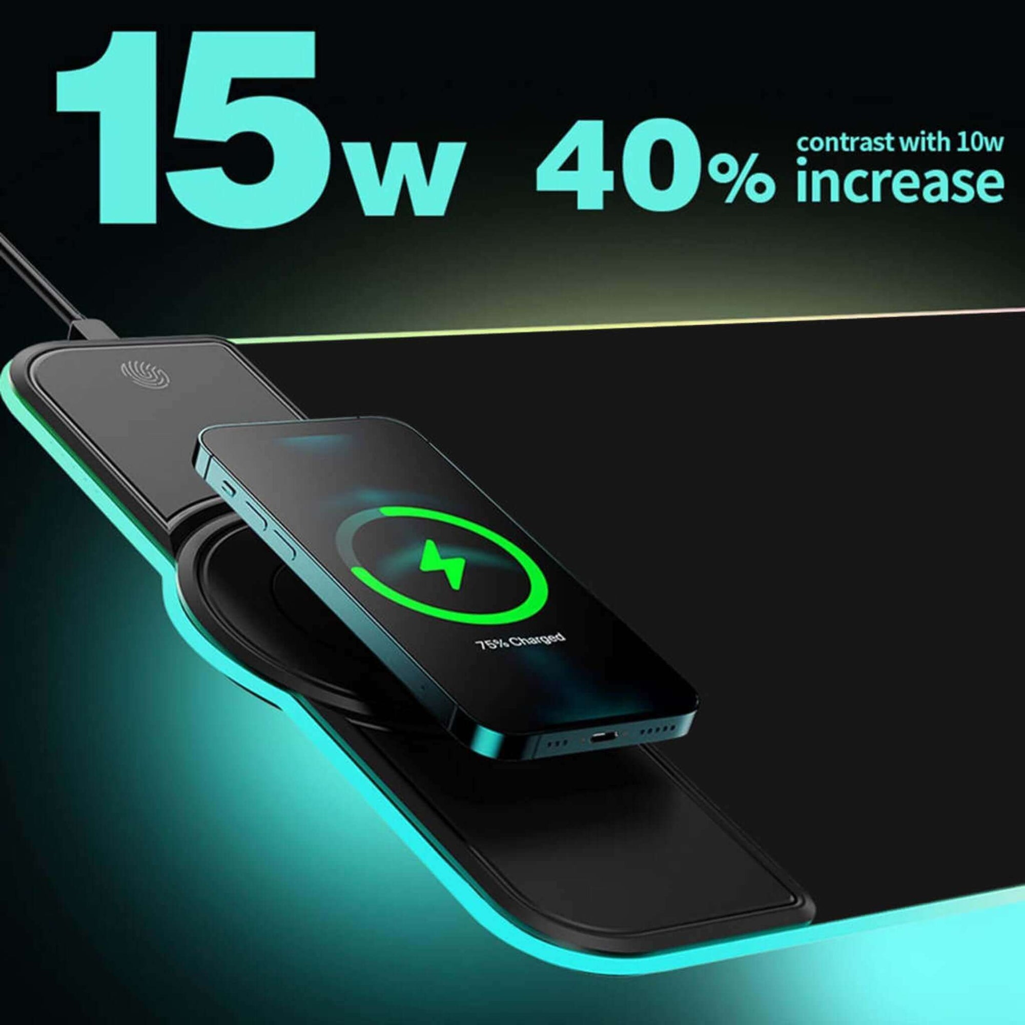 15w wireless charging feature of the Black Obsidian Desk Mat for iPhone models