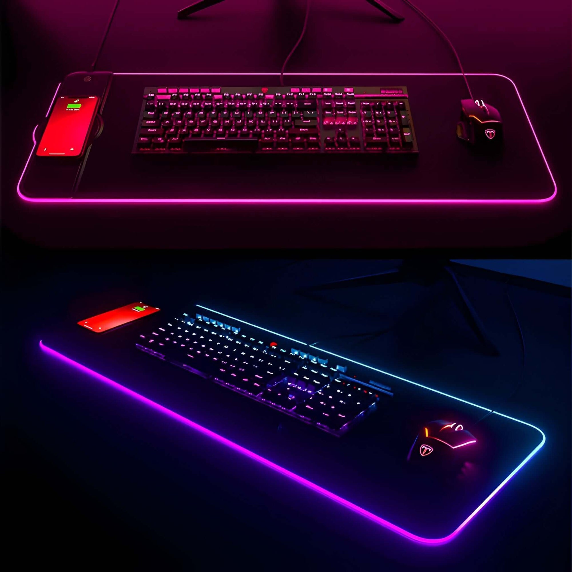 Different angles of the Black Obsidian Desk Mat with keyboard, mouse, and purple RGB