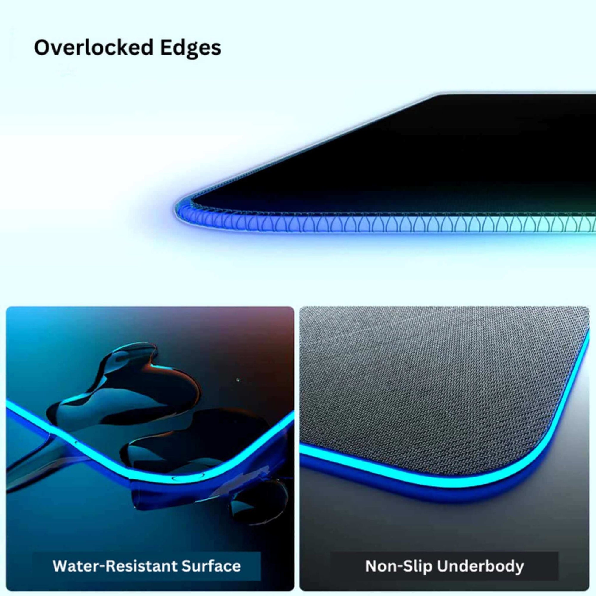 Black Obsidian Desk Mat showcasing its water resistance, rubber underbody, and overlocked stitching